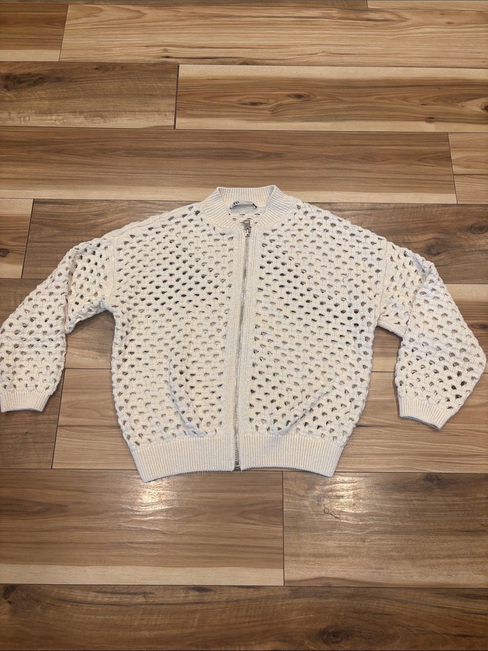 Zara Cream Open-Knit Zip Front Cardigan